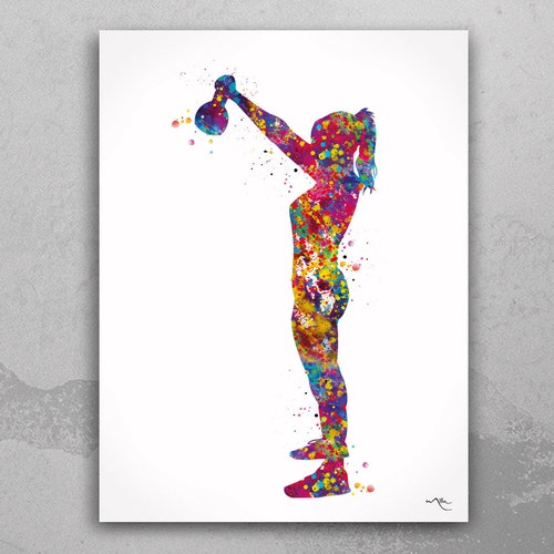 Kettlebell Art Watercolor Print Female Weightlifter Gift Wall Etsy