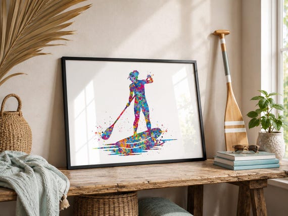 Paddle Boarder Woman Watercolor Print, Ladies Sports Art-2032
