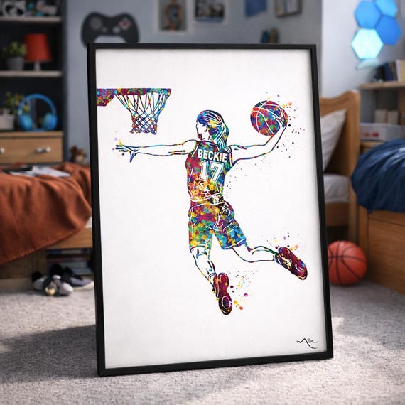 Personalized Watercolor Basketball Player Print, Teen Girl Room Decor-2608