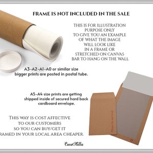 May include: Image showing a rolled canvas print inside a brown postal tube with a white lid. Text on the image states that the frame is not included and is for illustration purposes only. A5-A4 prints are shipped in a cardboard envelope.