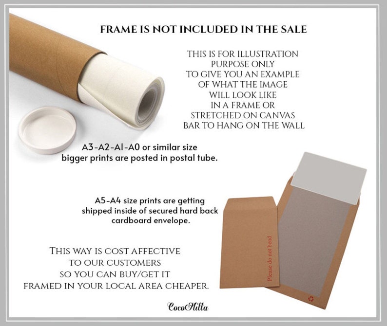 May include: Image showing a rolled canvas print inside a brown postal tube with a white lid. Text on the image states that the frame is not included and is for illustration purposes only. A5-A4 prints are shipped in a cardboard envelope.