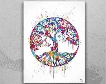 Watercolor Tree of Life Print, Colorful Nature Art-451