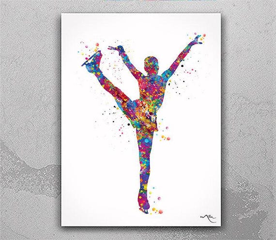 Ice Skater Girl Watercolor Print, Colorful Figure Skating Wall Art-1010