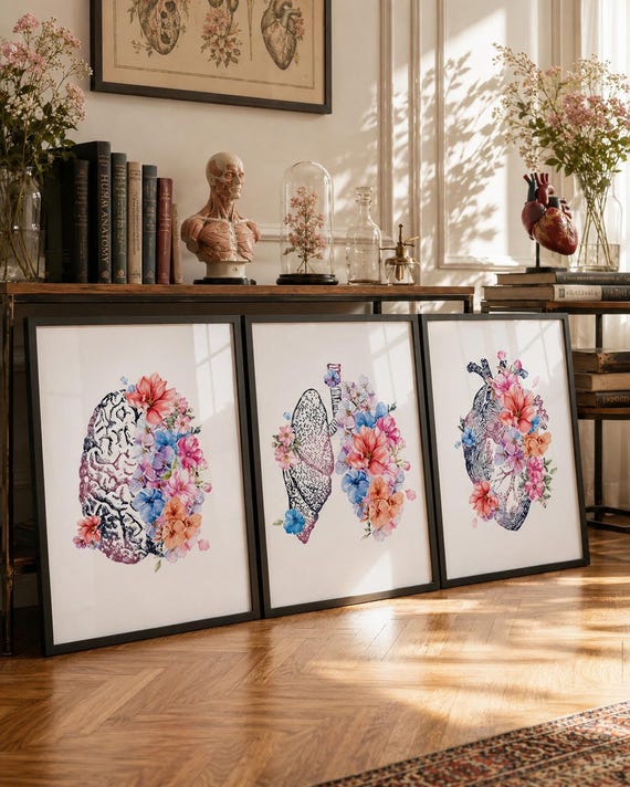 Anatomical Floral Watercolor Prints: Brain, Heart, Lungs - Set of 3-2340