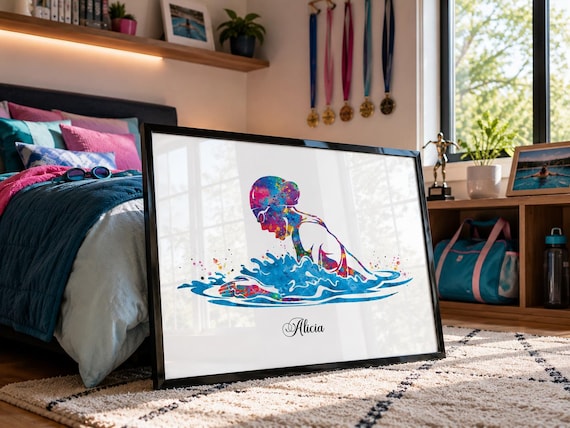 Personalized Swimmer Girl Wall Art Print, Custom Name Watercolor Pool Poster-1867