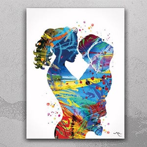 Mother and Two Sons Twins Watercolor Print Mother with Baby Twin Baby Mother and Childrens Mother and Kids Baby Shower Nursery Decor-1559