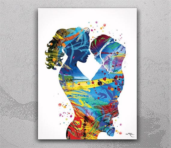 Mother and Twins Watercolor Art Print, Nursery Decor-1559
