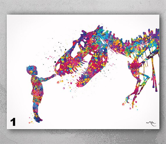 Boy and T-Rex Watercolor Print, Nursery Kids Room Art-148