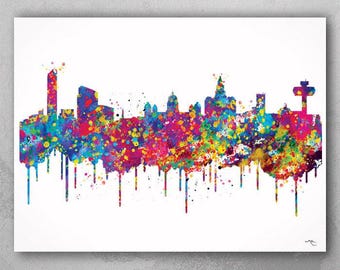 Liverpool Skyline Watercolor Print Cityscape Living Room Wedding Gift Poster England Poster Travel Art Wall Decor Wall Hanging Map Art-1620