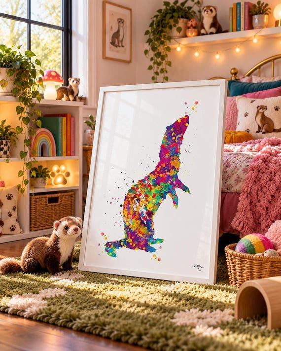 Ferret Watercolor Art Print, Colorful Pet Portrait, Nursery Decor-1164