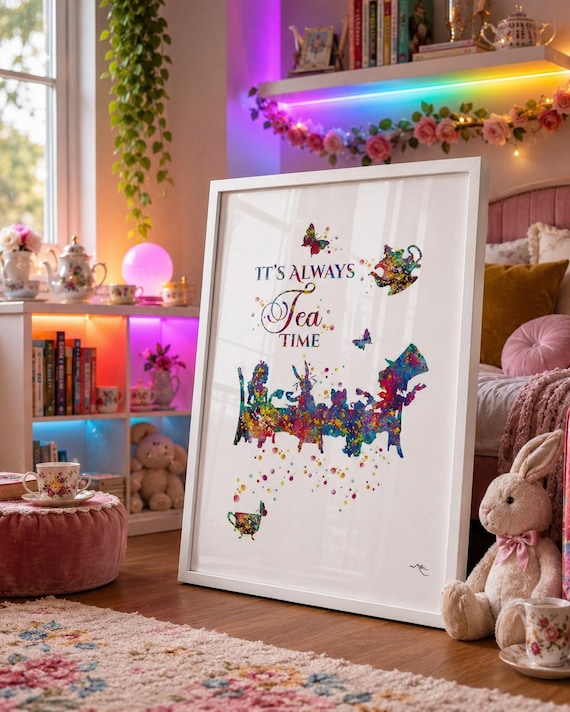 Alice in Wonderland Tea Party Watercolor Print, Nursery Decor-551