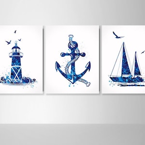 Coastal Decor Navy Blue Watercolor Print Set of 3 Summer Decor Lighthouse Sailboat Anchor Nautical Wall Art Bathroom Decor Wall Hanging-1661