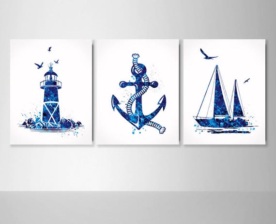 Coastal Watercolor Print Set: Navy Lighthouse, Anchor, Sailboat-1661