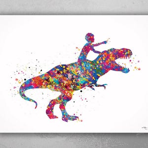 Dinosaur Rider Boy Watercolor Print Curly Hair Boy and T-Rex Gift Birthday Party Boys Room Decor Wall Art Nursery Decor Wall Hanging-2277