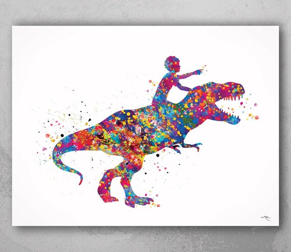 Dinosaur Rider Watercolor Print, Boys Room Decor-2277