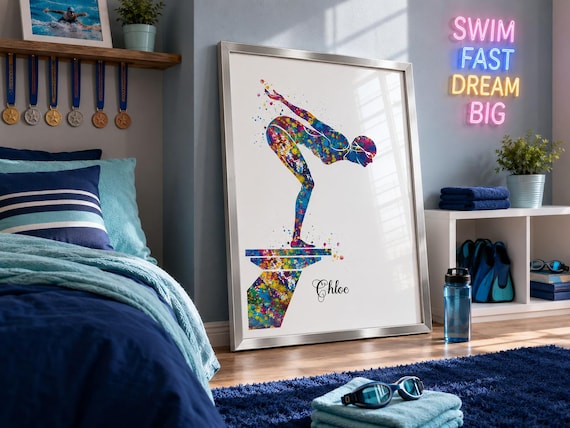 Personalized Swimmer Girl Watercolor Art Print, Colorful Swimming Wall Decor-1603