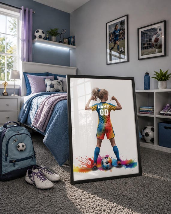 Personalized Soccer Girl Watercolor Print, Kids Room Decor-2810