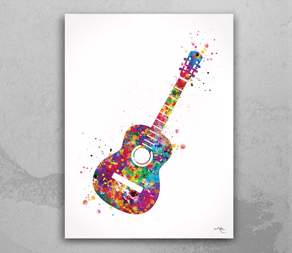 Acoustic Guitar Watercolor Art Print, Colorful Music Room Decor-959