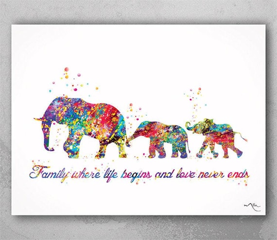 Elephant Family Watercolor Art Print, Colorful Home Decor-767