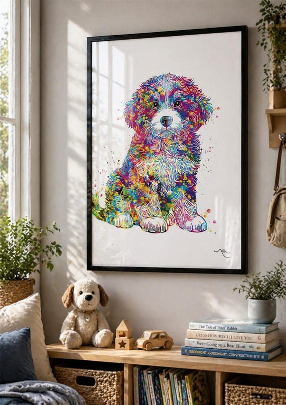 Bernedoodle Watercolor Dog Print, Colorful Puppy Art Poster-2851