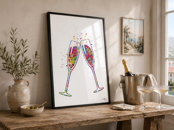 Watercolor Champagne Flute Print: Celebration Bar Decor-727