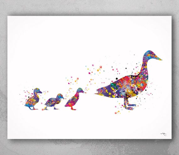 Duckling Family Watercolor Print, Colorful Farm Animal Decor-757