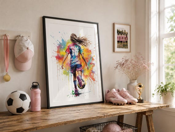 Personalized Girls Soccer Print: Watercolor Female Football Art-3001