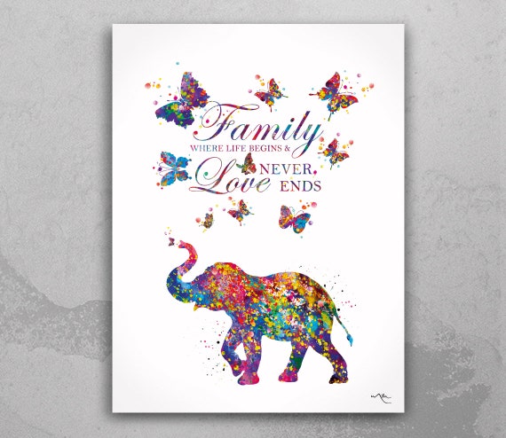 Elephant Family Quote Butterfly Art Watercolor Print Painting Wedding Gift idea Wall Art Nursery Wall Decor Art Home Decor Wall Hanging-1681