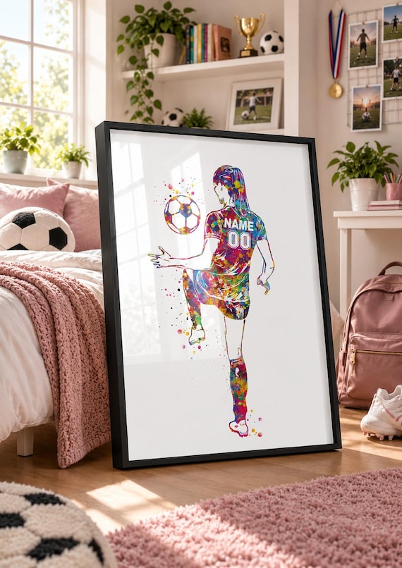 Personalized Soccer Player Watercolor Print, Custom Girl's Gift-2372