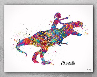 Dinosaur Girl Watercolor Print, Nursery Decor-2263