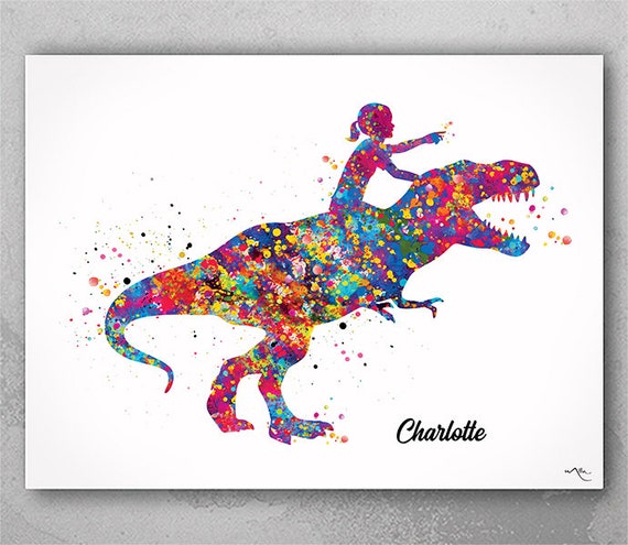 Dinosaur Girl Watercolor Print, Nursery Decor-2263