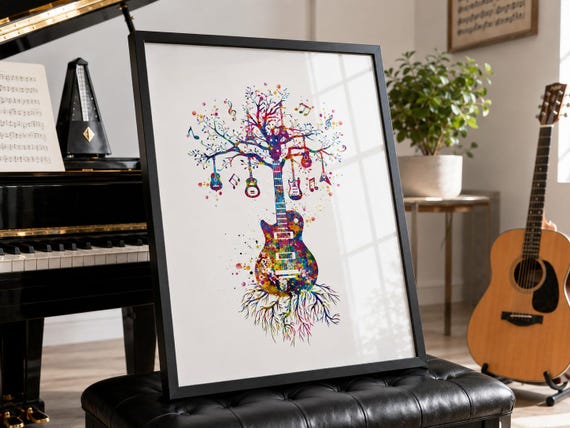 Guitar Tree Watercolor Print, Music Lover Gift-2229
