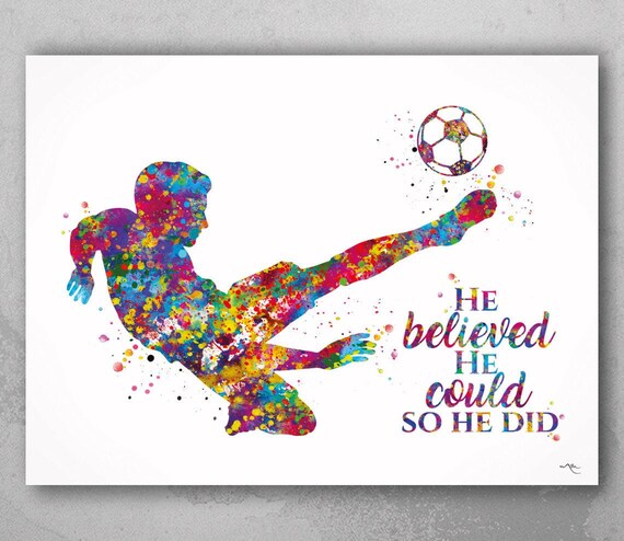 Soccer Player Watercolor Print, Teen Boy Room Decor-2129