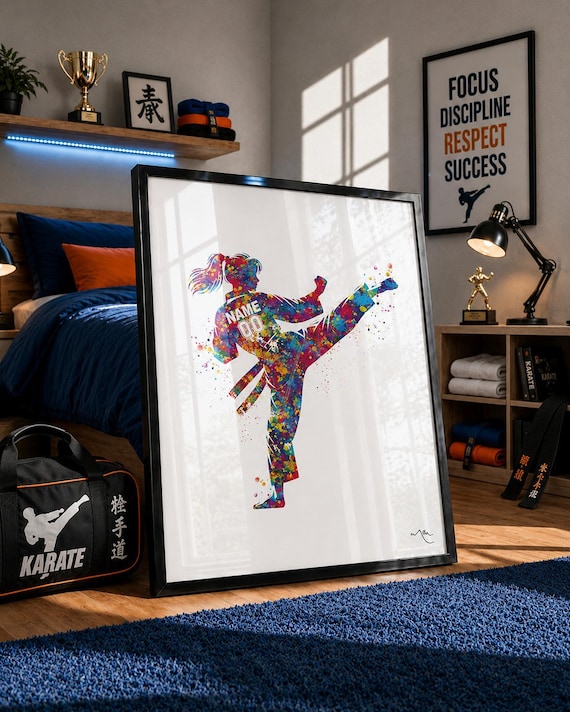 Personalized Martial Arts Girl Watercolor Print, Karate Taekwondo Judo-2884