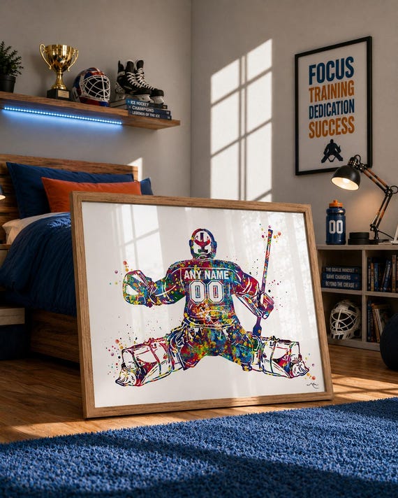 Personalized Hockey Goalie Watercolor Print, Teen Boy Room Decor-2624