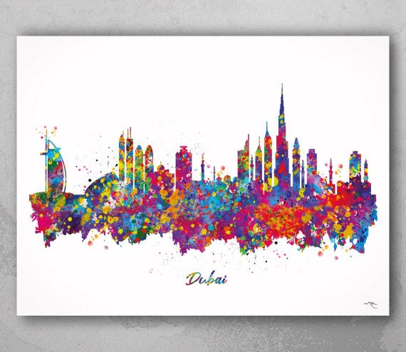 Dubai Skyline Watercolor Art Print, UAE Cityscape Wall Decor-2106