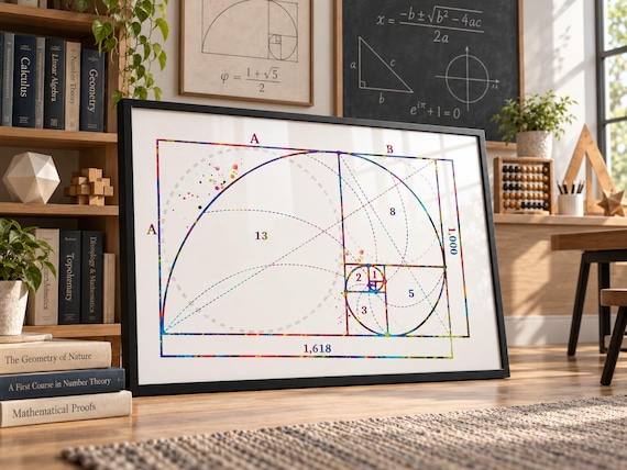 Fibonacci Spiral Watercolor Print: Golden Ratio Geometric Art-1775