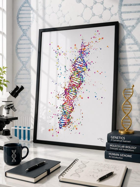 DNA Watercolor Print, Helix Molecule Structure - Science Art-485