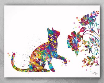 May include: A colorful watercolor painting of a cat sitting with its head turned to the side, looking at a floral design. The cat and flowers are painted in a variety of bright colors, including pink, blue, green, yellow, and purple.
