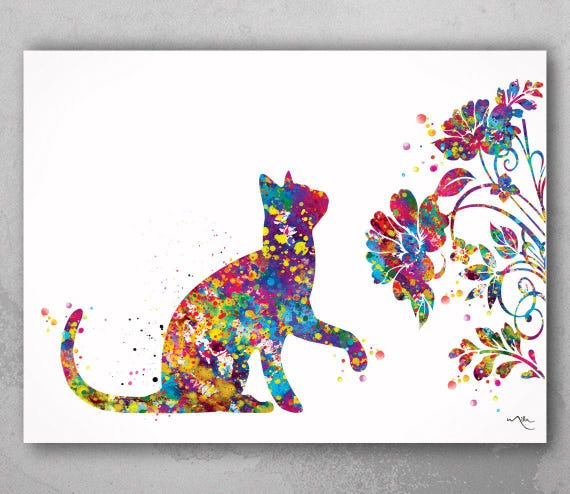 Colorful Cat Watercolor Print, Floral Cat Wall Art-496