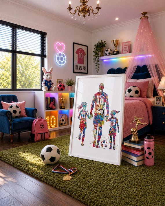 Personalized Soccer Dad and Daughters Watercolor Print-2786
