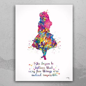 Alice Watercolor Print inspirational impossible Quote Nursery Wall Art Wall Decor Housewarming Gift Girls Wall Hanging Teen Room Decor-633