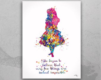Alice Watercolor Print inspirational impossible Quote Nursery Wall Art Wall Decor Housewarming Gift Girls Wall Hanging Teen Room Decor-633