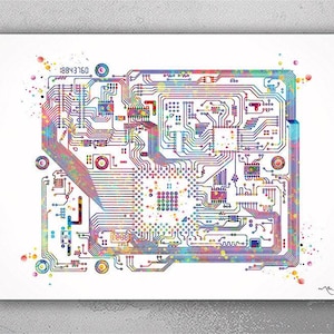 May include: A colourful abstract watercolour painting of a circuit board with the text "18843160" in the top left corner.