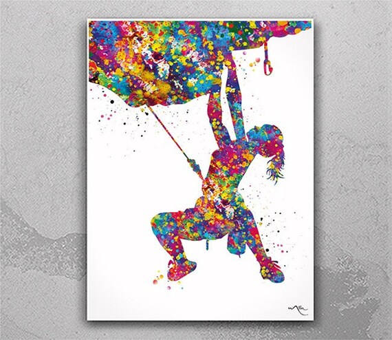 Rock Climbing Watercolor Print, Girl Climber Art-1397