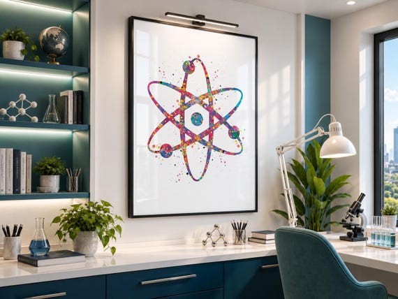 Watercolor Atom Symbol Print, Science Wall Art-943