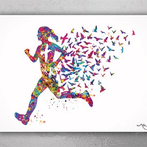 Runner Woman with Birds Watercolor Print Runner Woman Female Girl Marathon Athlete Personalised Gift Poster Sports Running Gift Runners-1500