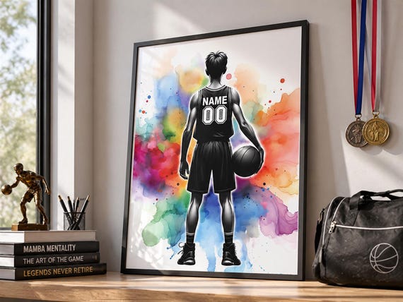 Personalized Basketball Player Watercolor Print, Teen Boy Room Decor-2834