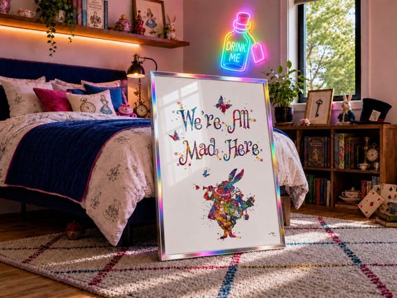 Alice in Wonderland Print, "We're All Mad Here" Quote, Watercolor Art-56
