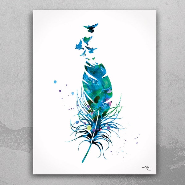 Feather and Birds Watercolor Print illustrations Wedding Gift Wall Art Poster Housewarming Gift Wall Decor Home Decor Wall Hanging -35